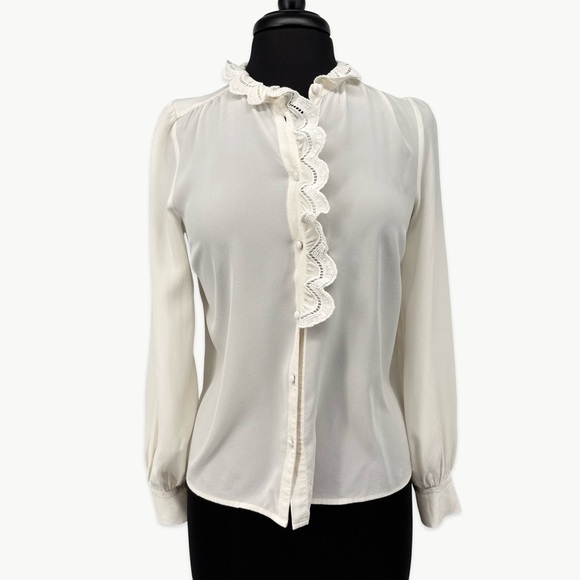 Sézane Chlo 100% Silk Embroidered Long Sleeve Blouse | 36 (US 4) | Ivory White - Picture 2 of 16